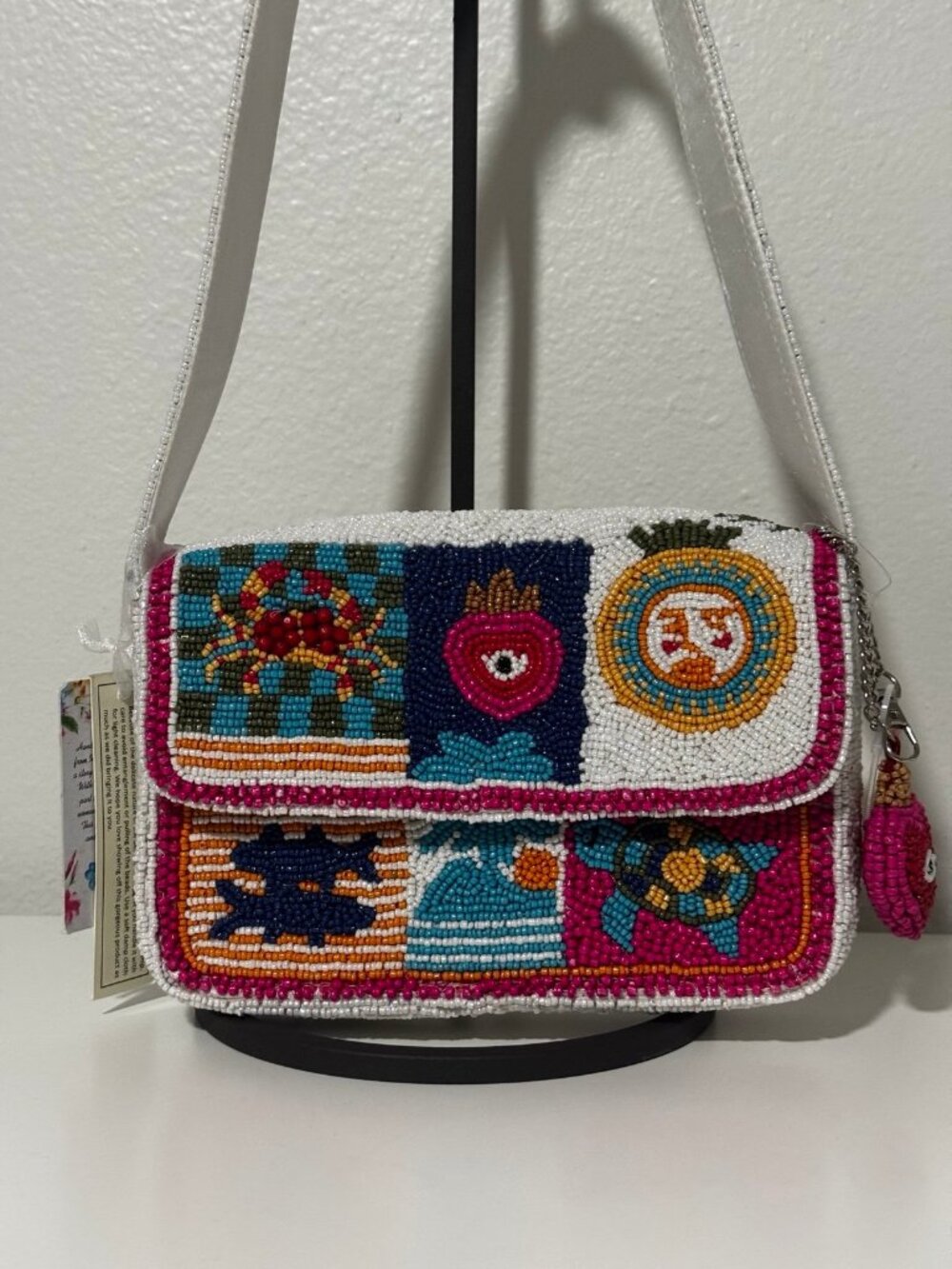 NWT Handcrafted In India Beaded Heart Evil Eye crab turtle coastal Shoulder Bag